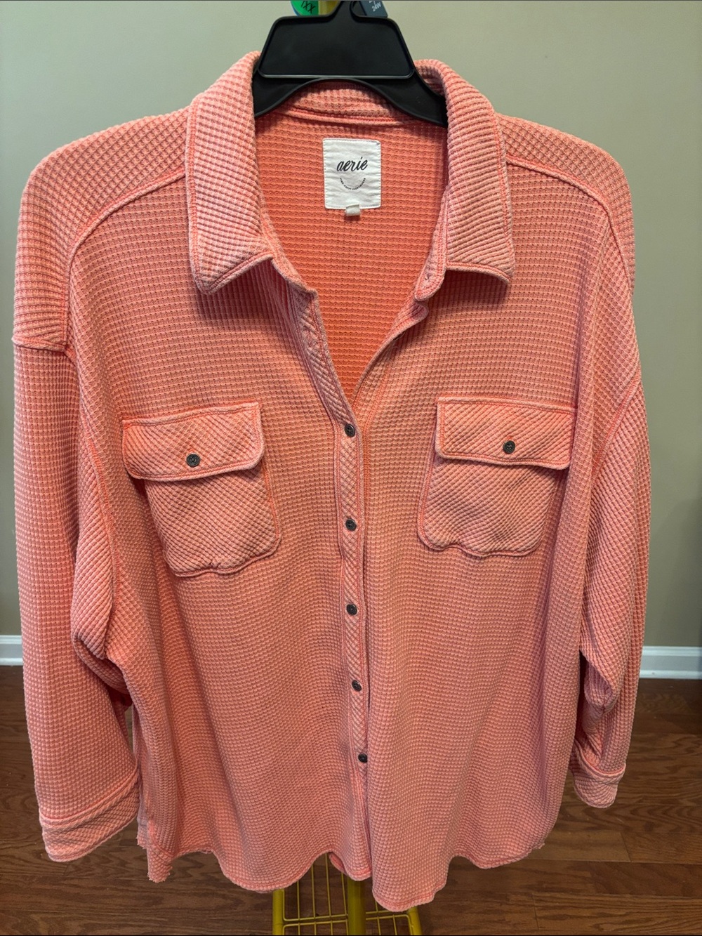 aerie Coral Waffle Knit Button-Down Shirt